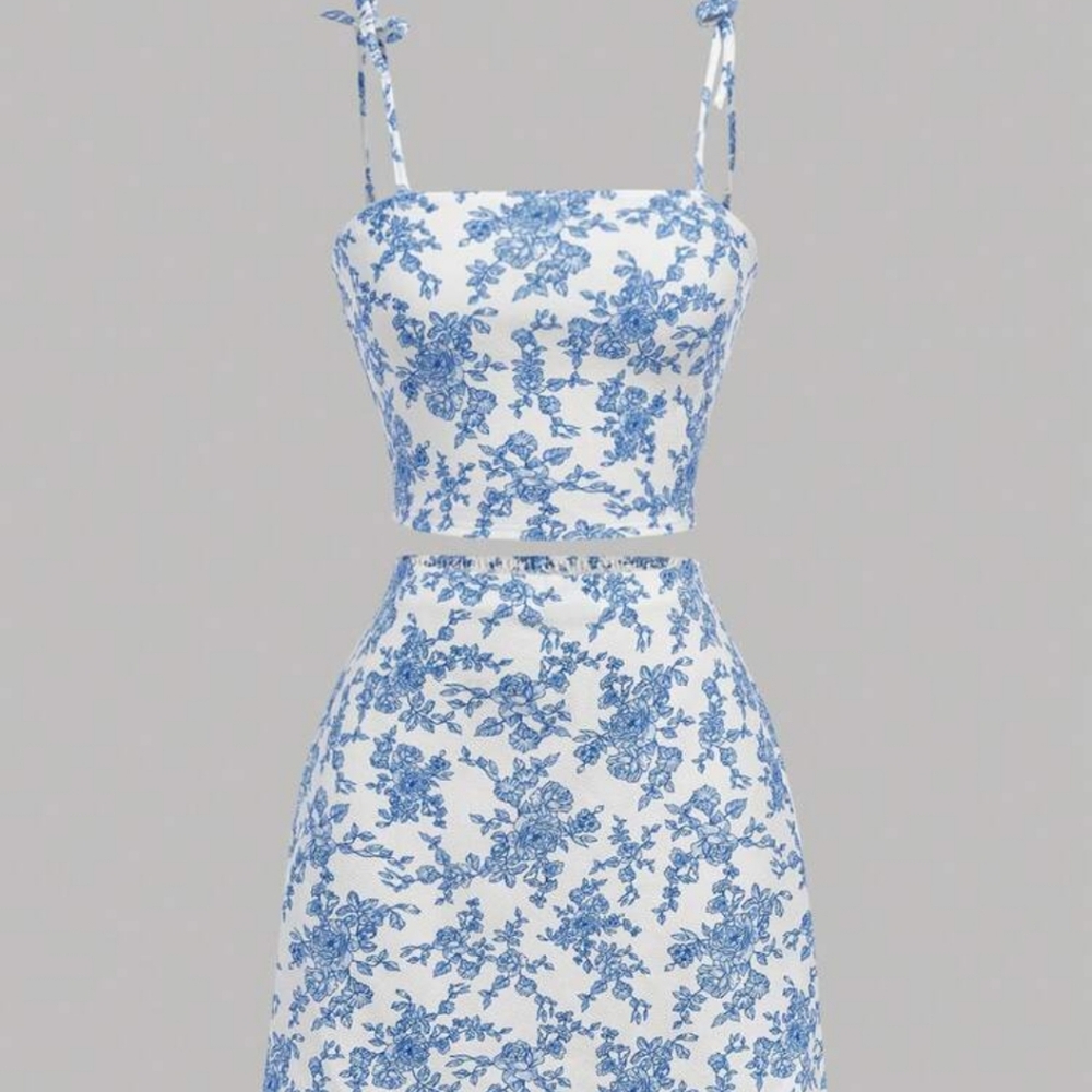 White And Blue Floral Print Tie Shoulder Cami Top Skirt Coord Set